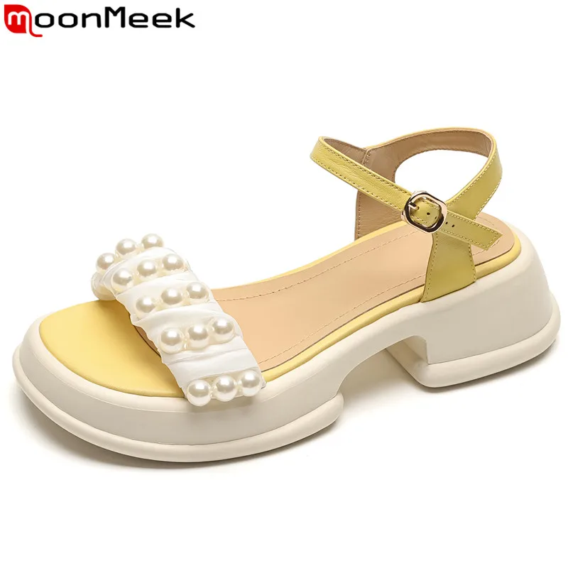 

MoonMeek 2023 New Size 34-40 Buckle Ladies Summer Sandals String Bead Genuine Leather Sandals Woman Square Med Heels Shoes