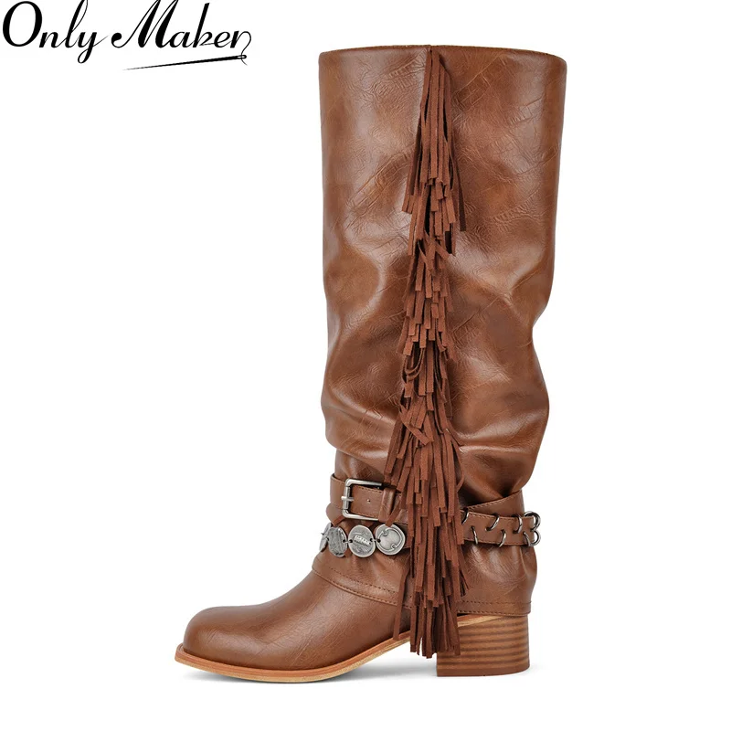 

Onlymaker Women Round Toe Fold Over Fringe Knee High Boots Block Heel Fashion Boots