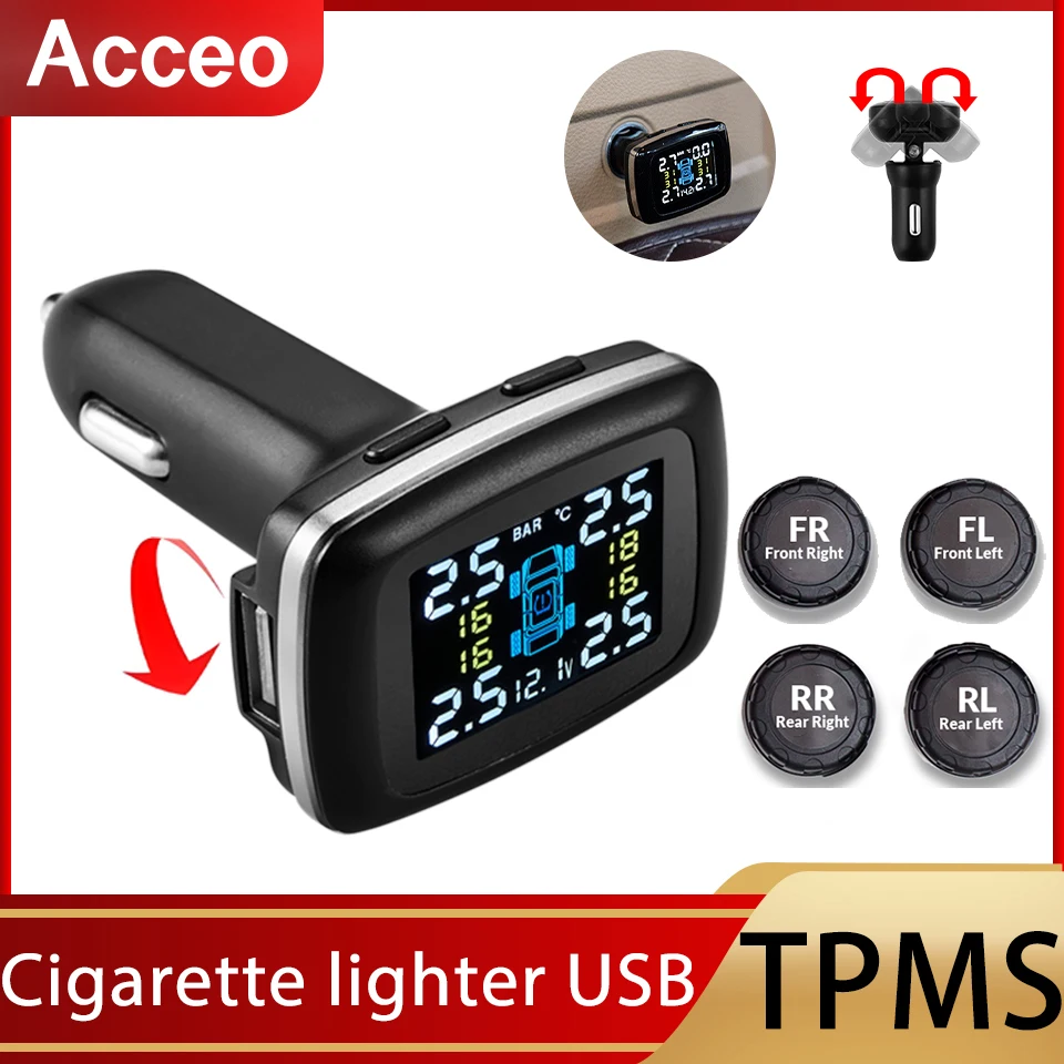 Tire Pressure Monitoring System Wireless Cigarette Lighter TPMS 4 Sensors 6 Alarm Modes Real-Time Tire Pressure Monitoring