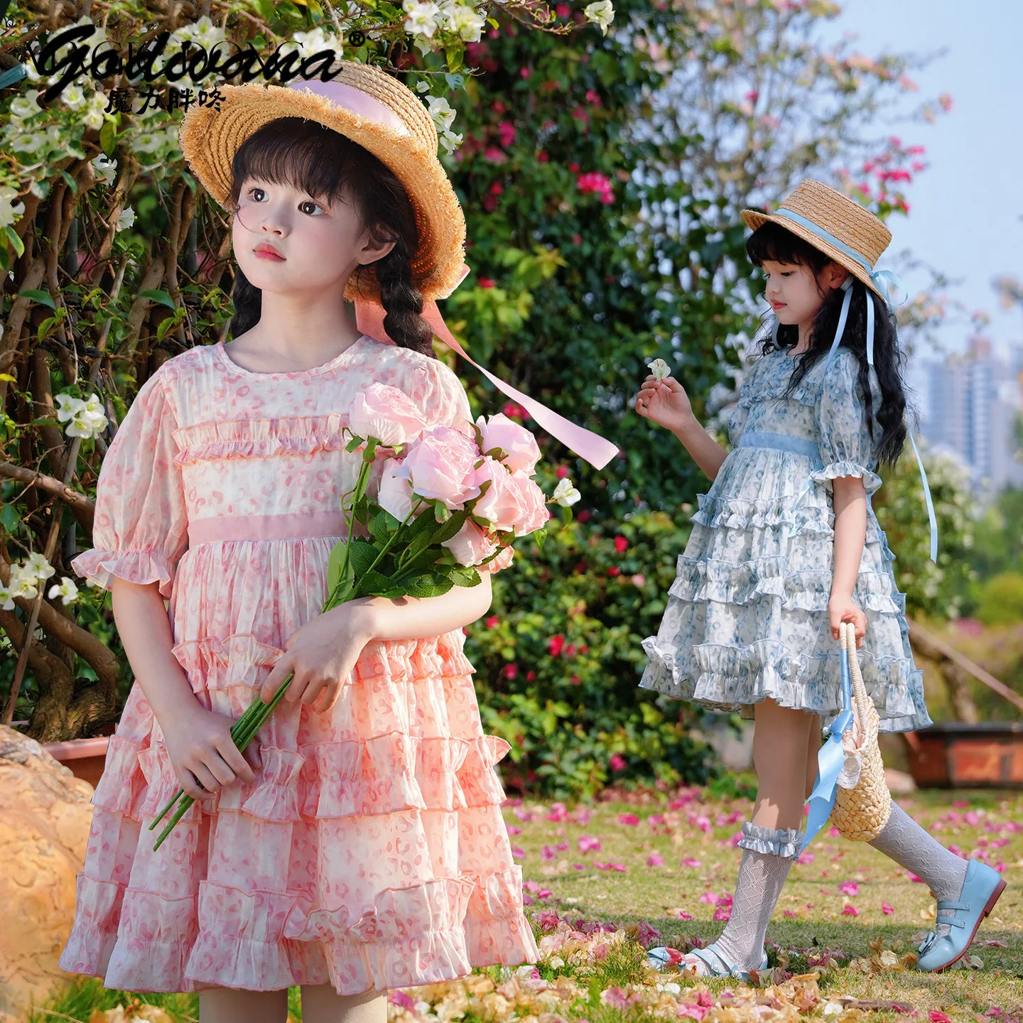 Original Sweet Baby Girls 2026 New Summer Silk Princess Dress Childrens Floral Puff Sleeve O-neck Ruffle A-line Loose Fit Dress
