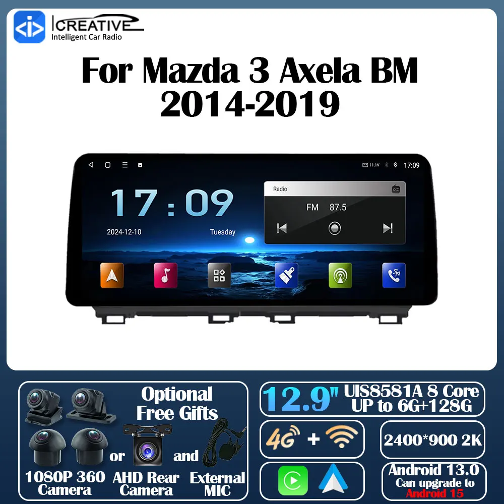 أندرويد 13 راديو السيارة لمازدا 3 Axela BM 2014-2019 Carplay Autoradio 12.9 بوصة مشغل وسائط متعددة ستيريو لتحديد المواقع والملاحة السيارات 5G