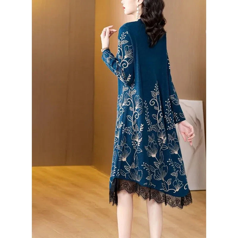 Autumn Winter Women\'s Korean Fashion Print Lace Patchwork Elegant Knitted Dresses Ladies Long Sleeve Loose Irregular Midi Dress