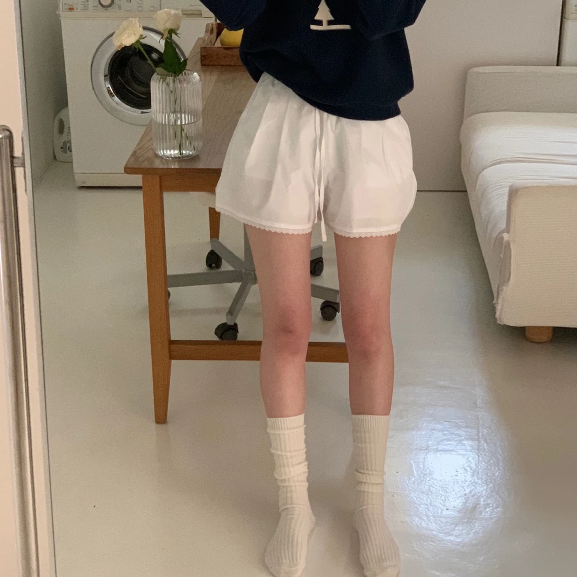 Casual Allentato Dstring Vita alta Svasato orts Colore puro Antietà Versatile Primavera Fre Bordered Pendolarismo Sle Donna...