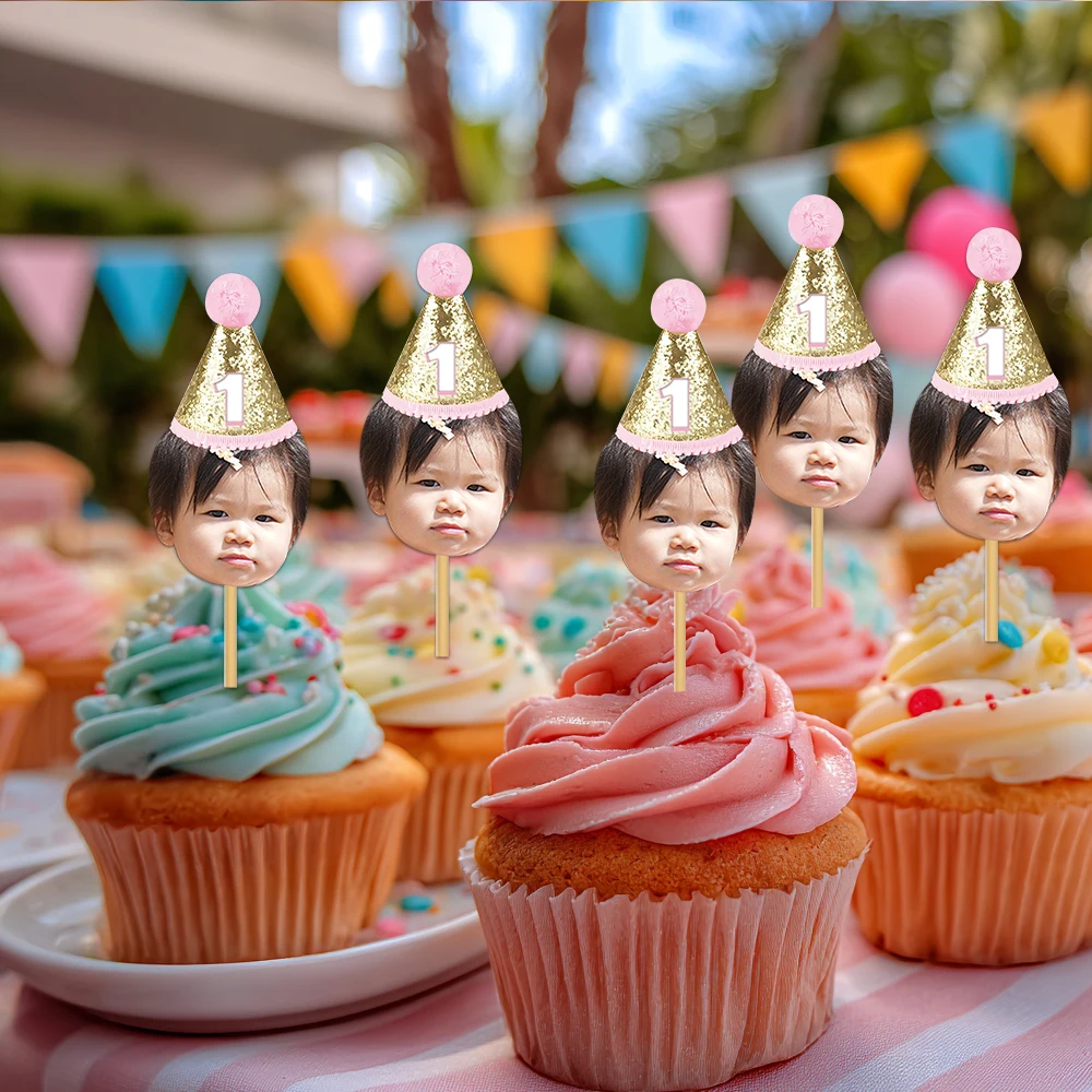 Custom Birthday party Face Photo Birthday Hat Banner Cupcake Toppers Stickers Straws for kids 1st Birthday party decorations view 4