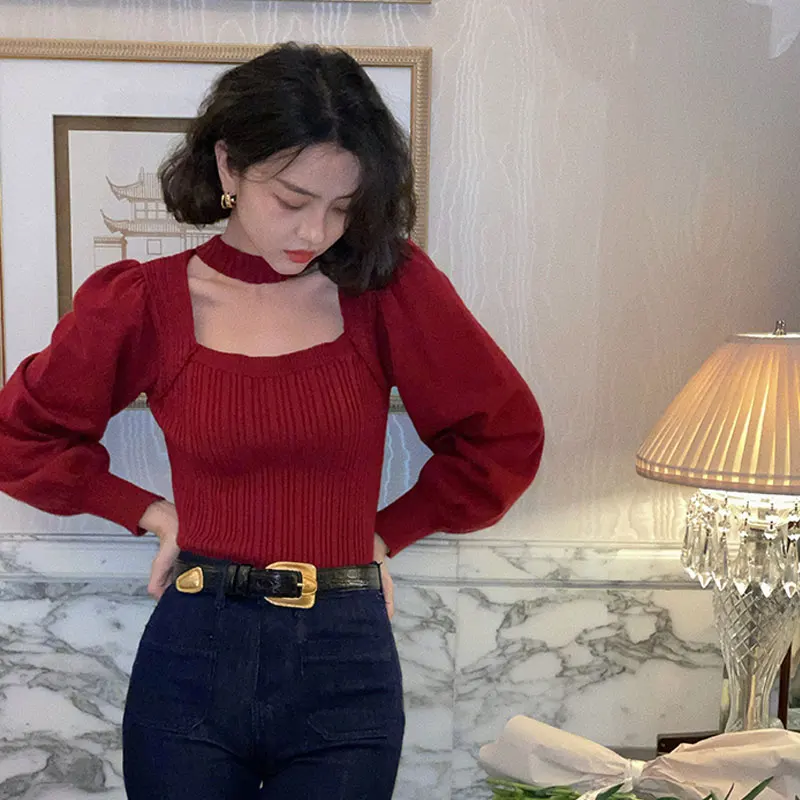 Square Collar Vintage Lantern Sleeve Tops Halter Inside Elegant Chic Sweater 2022 Lady Sexy Skinny Slim Korean Autumn Winter Top