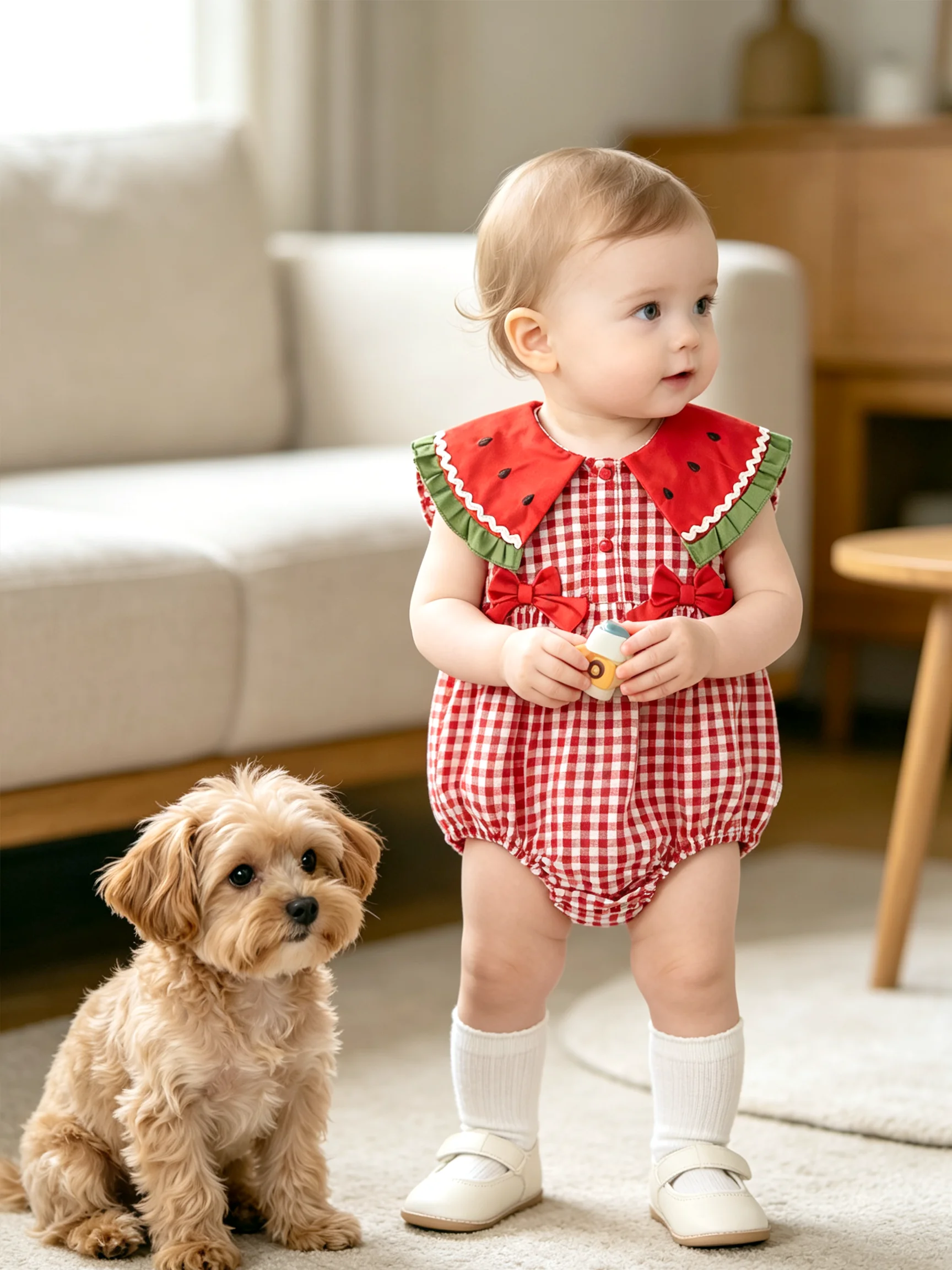 Mädchen-Strampler mit Wassermelonenkragen und Schleife, rot-weiß kariert, ärmellos, niedlicher Baby-Strampler mit Fruchtprint für Sommerpicknicks – Detail 6