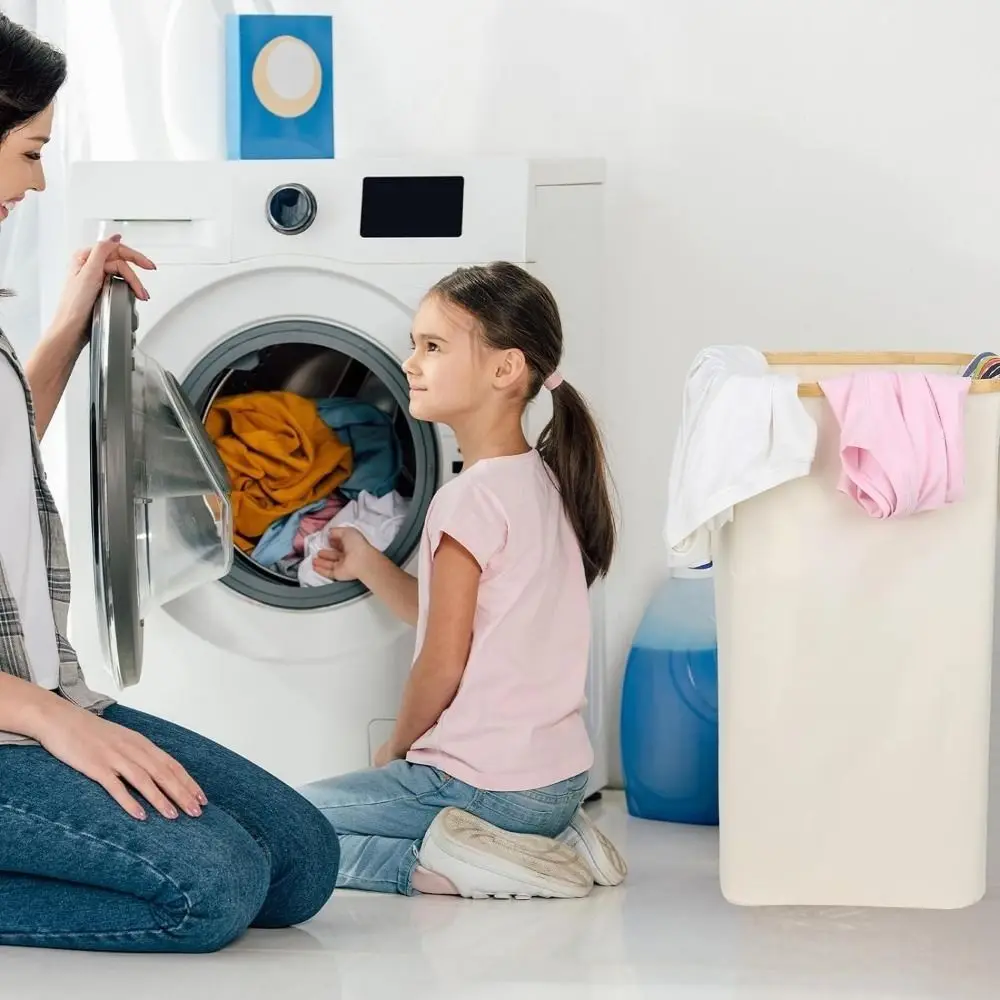 

Collapsible Slim Laundry Hamper with Lid Bamboo Handles Removable Inner Bag Clothes Basket Bin Lightweight Foldable