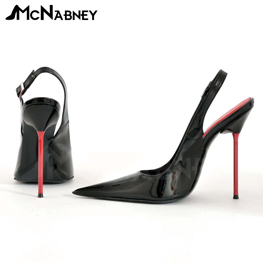 Black Patent Leather Slingback Pumps Pointed Toe Sexy High Heels Slip On Fashion Style Pumps Thin Red Lacquered Metal High Heels