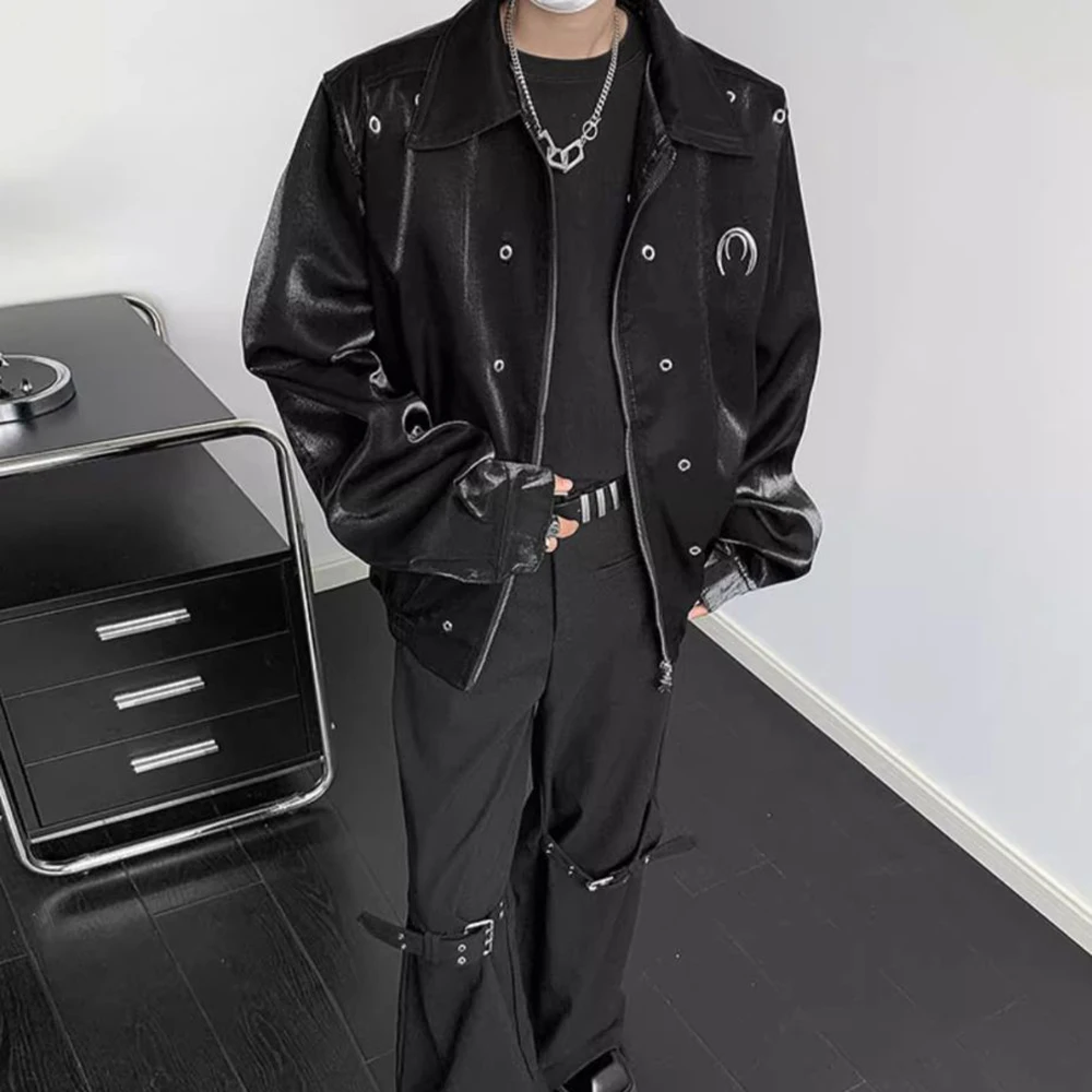 Metal High-End Design Niche Pad Shoulder Lapel Jacket Mens Autumn Winter New Fashion Trend Loose High Street Short Jacket Men