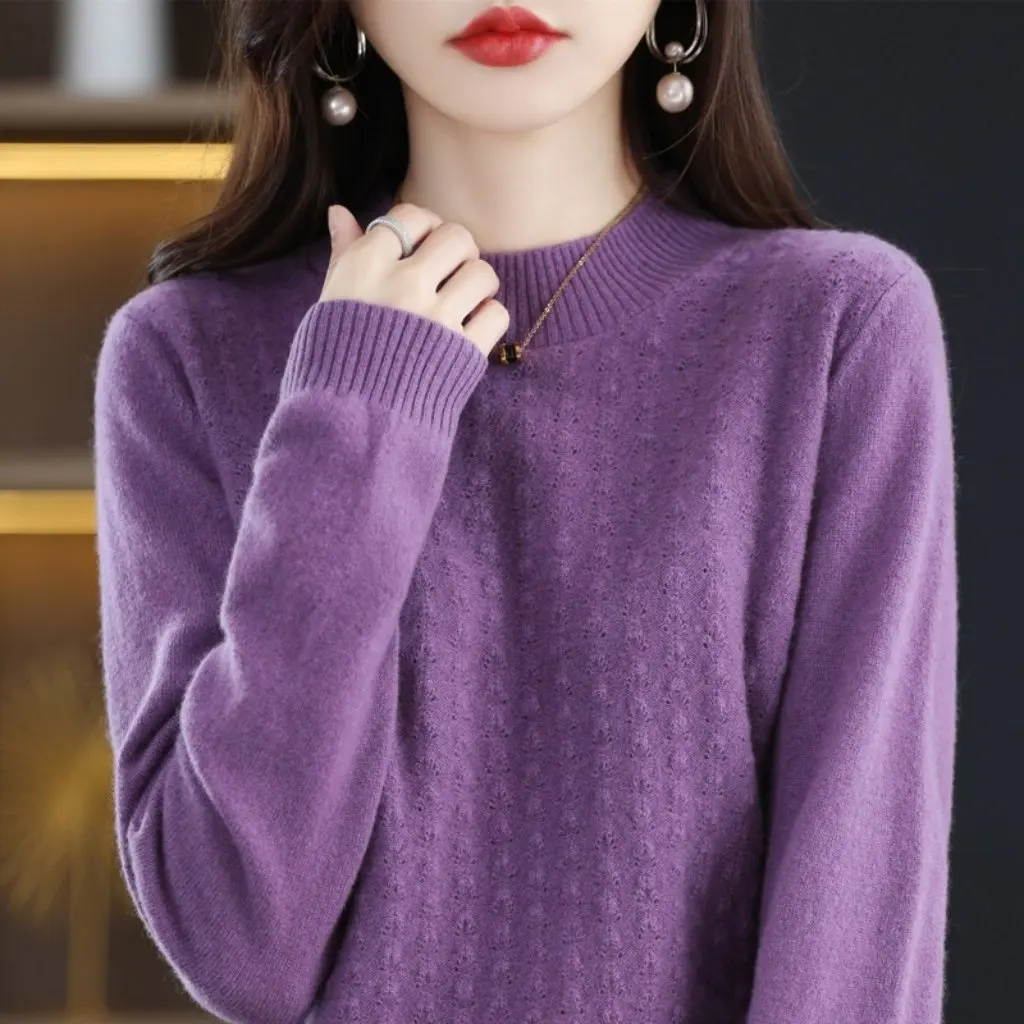 

Women's Autumn/Winter Wool Sweater Half-Turtleneck Hollow Long Sleeve Cashmere Knit Pullover Elegant Commuter Base Layer Top