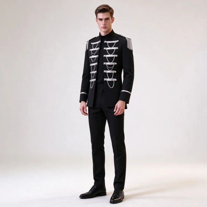 Men's Punk Style Military Court Jacket Double Breasted Stand Collar Metal Chains Tassel Slim Drummer Coat Bar Singer Outerwear
