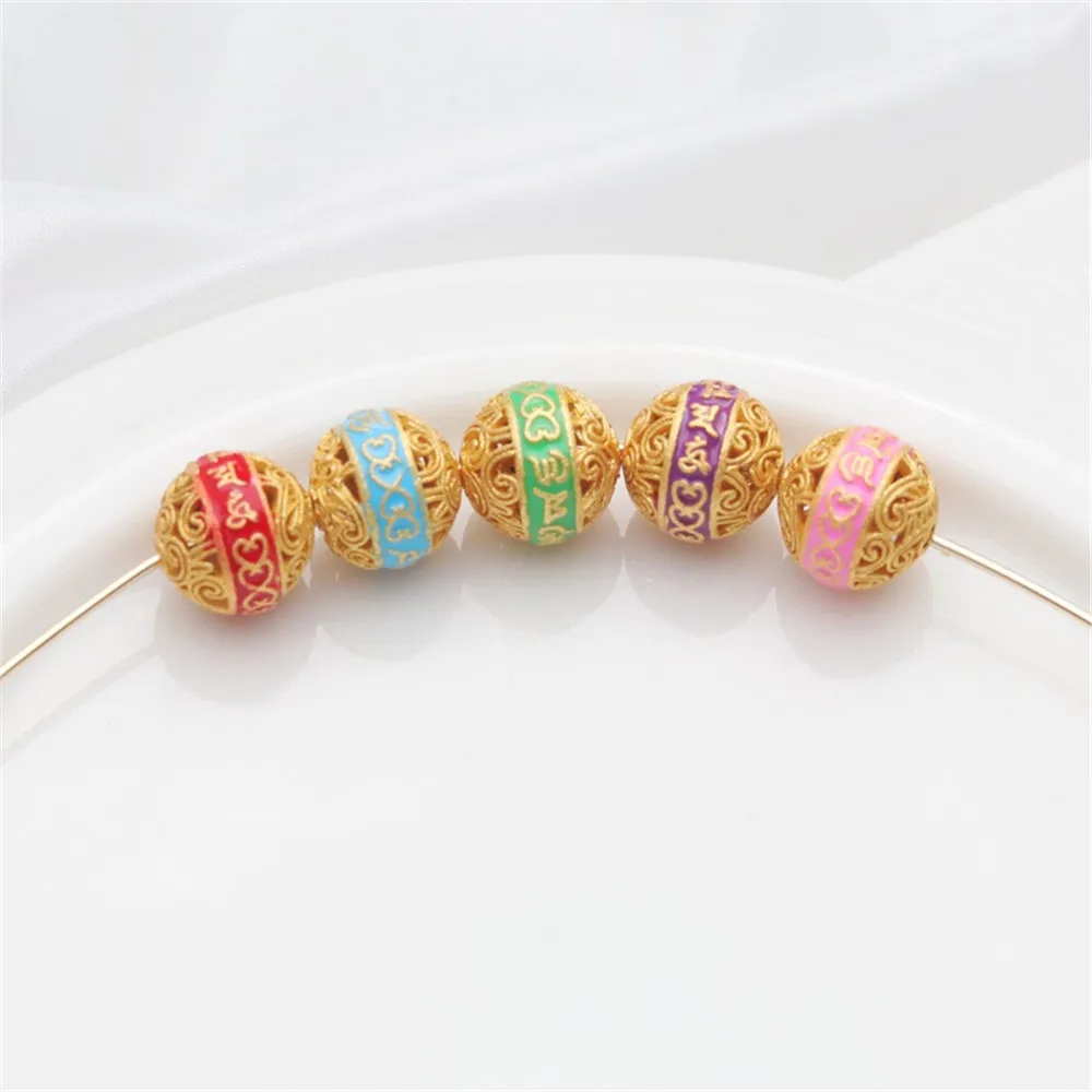 18K Gold Dripping Oil Beads, Ancient Method, Jin Xiangyun Hollow Six Words Mantra, 10mm Ball, DIY Jewelry Accessories