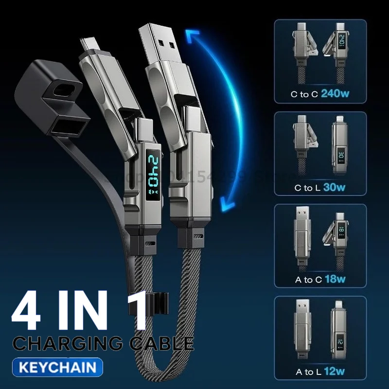 4 in 1 65W Keychain Charging Cable USB C Cable with V/A/W Display Type C for Apple Portable Cord for IPhone/iPad/Samsung/Laptop