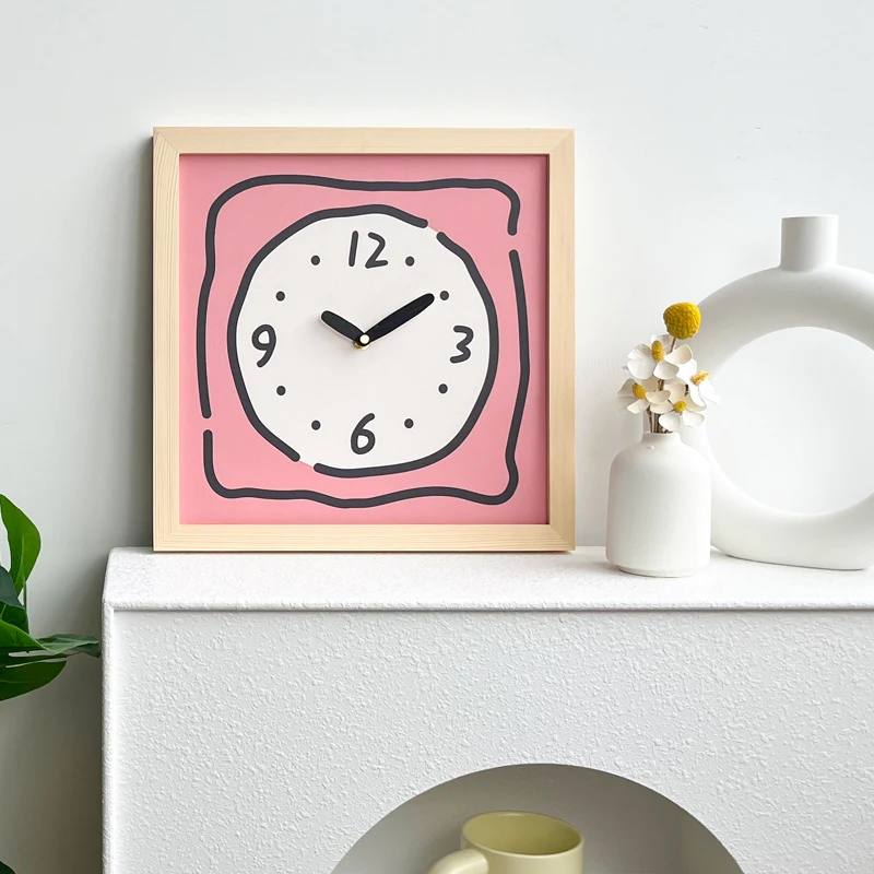 Japanese-style solid wood square wall clock cartoon art silent clock clock clock without punching log wind decorative clocks.