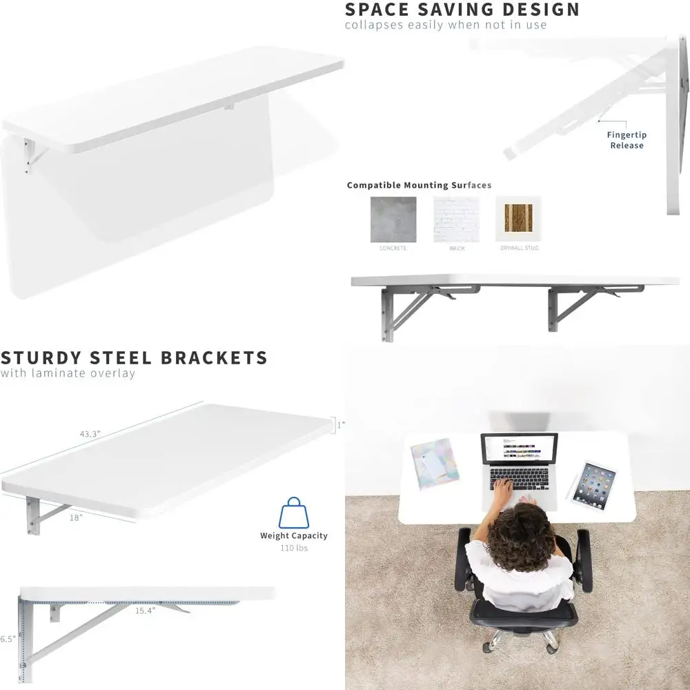 

Folding Wall Mounted Workbench 43 Inch, Adjustable Steel Brackets, Fold Away Table Workstation Shelf, White, Space-Saving Design