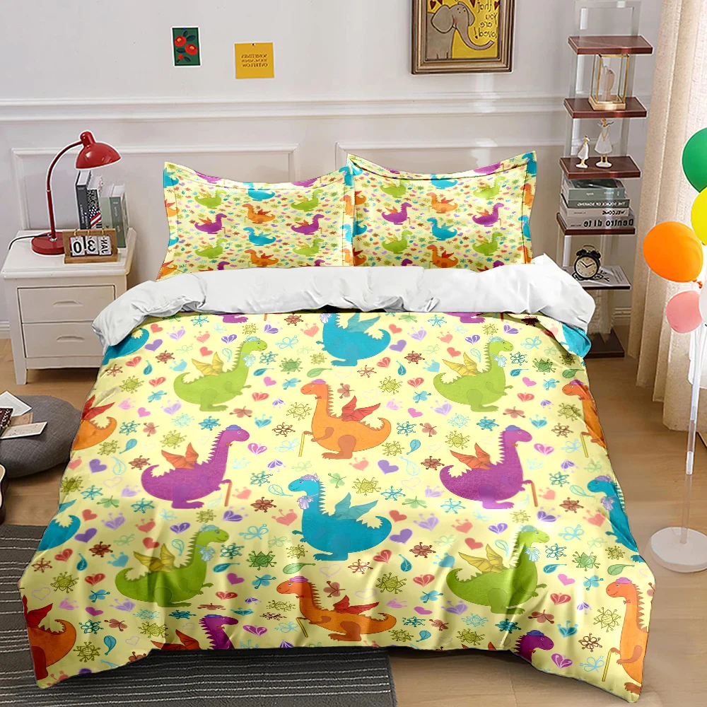 Cartoon dragons with colorful Pattern Duvet Cover Set Digital Print Colorful Polyester Bedding with Zipper Closur for kids gifts