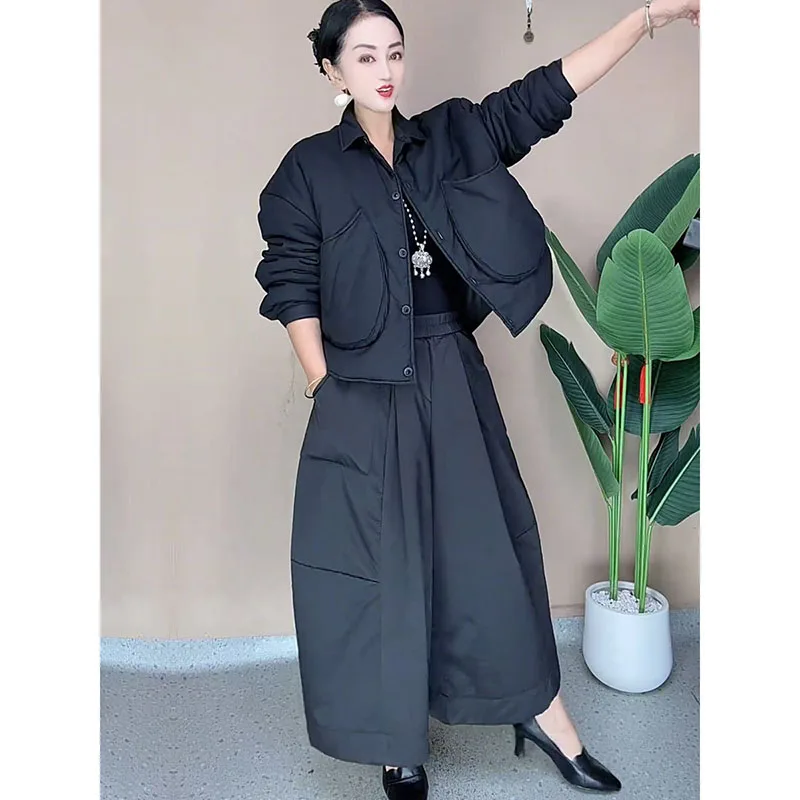 Winter New Korean Loose Big Pockets Cotton-padded Jacket Women's Coat Casual Joker Wide-leg Cotton Trousers Warm Two-piece Suit
