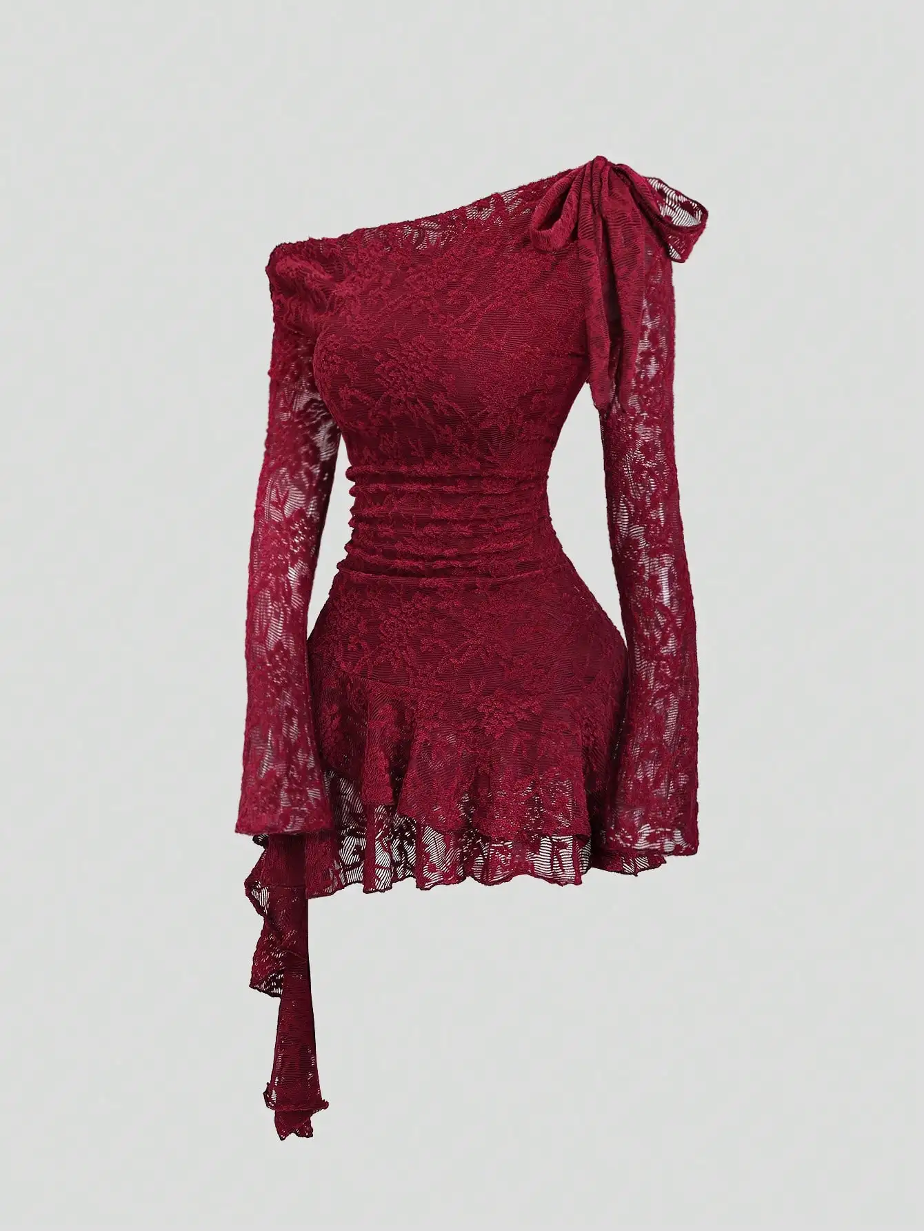 

Burgundy Lace Asymmetrical One-Shoulder Mini Dress with Ruffle Hem