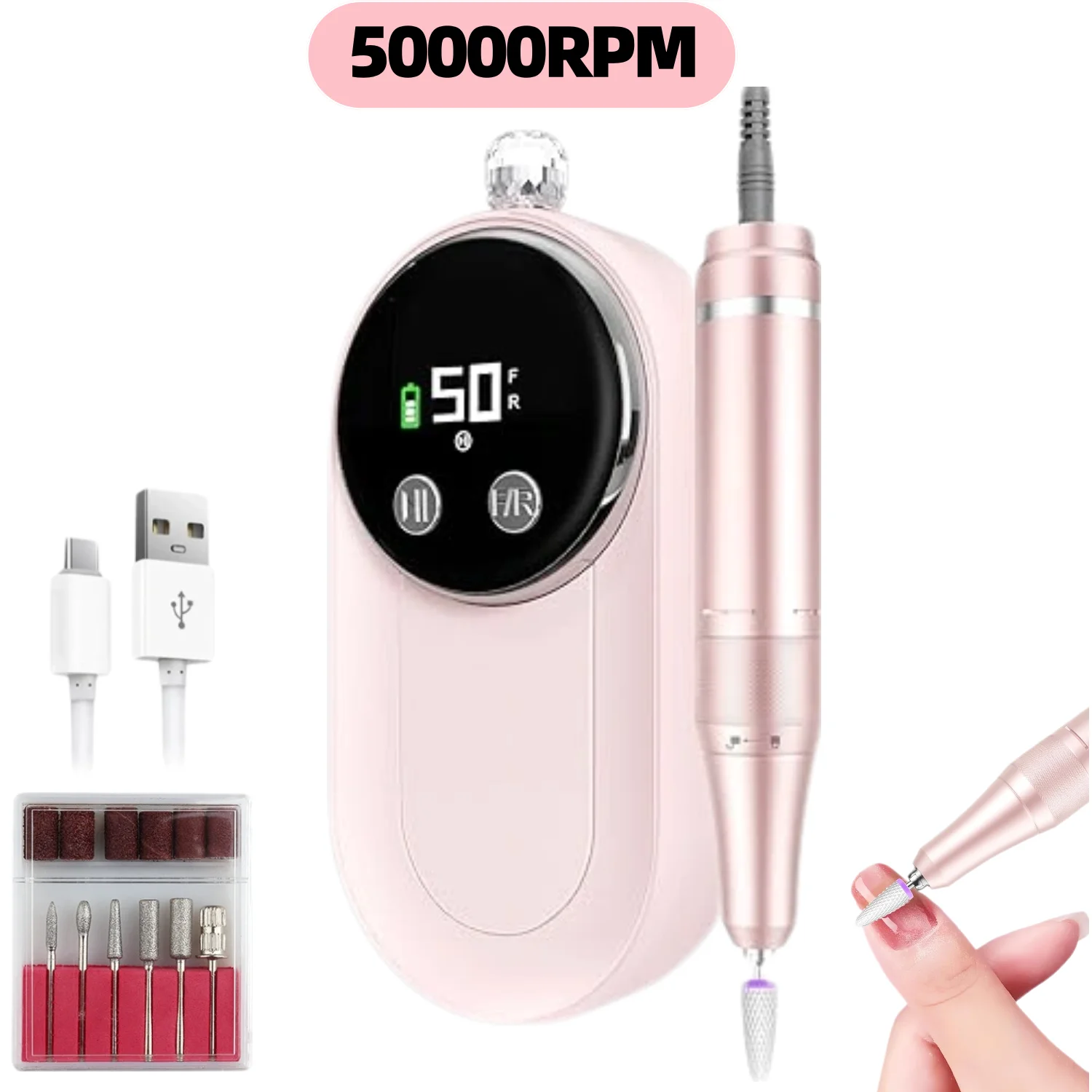 เครื่องตะไบเล็บไฟฟ้าแบบมืออาชีพ 50000 รอบต่อนาที แบบชาร์จได้ พร้อมหน้าจอ LCD เหมาะสำหรับเจลขัดเล็บ อุปกรณ์ทำเล็บ