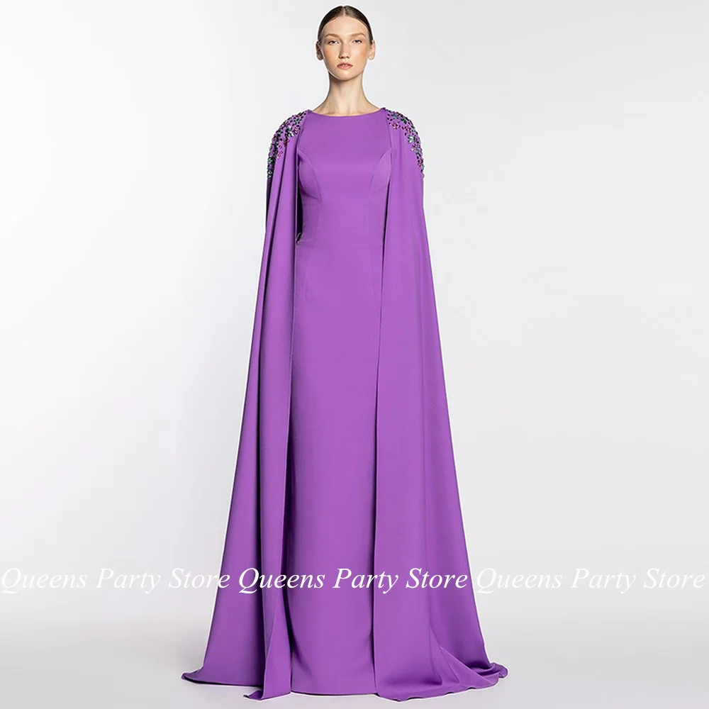 Lavender Evening Dress with Cape Scoop Neck Saudi Arabic Prom Dresses Beading Stones Straight Party Gown Robe De Soiree