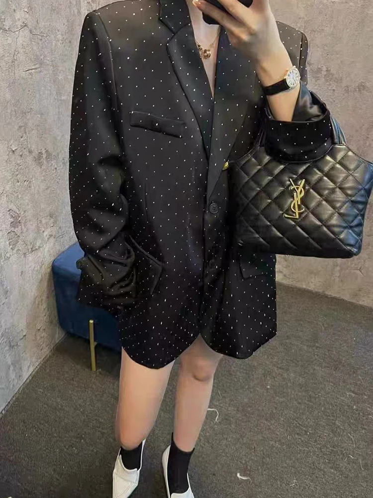 [oein] Hot Acetic Acid Suit Jacket For Women With Full Diamonds, Sparkling Satin Heavy Industry Loose 2024 Autumn Blazer Fashion