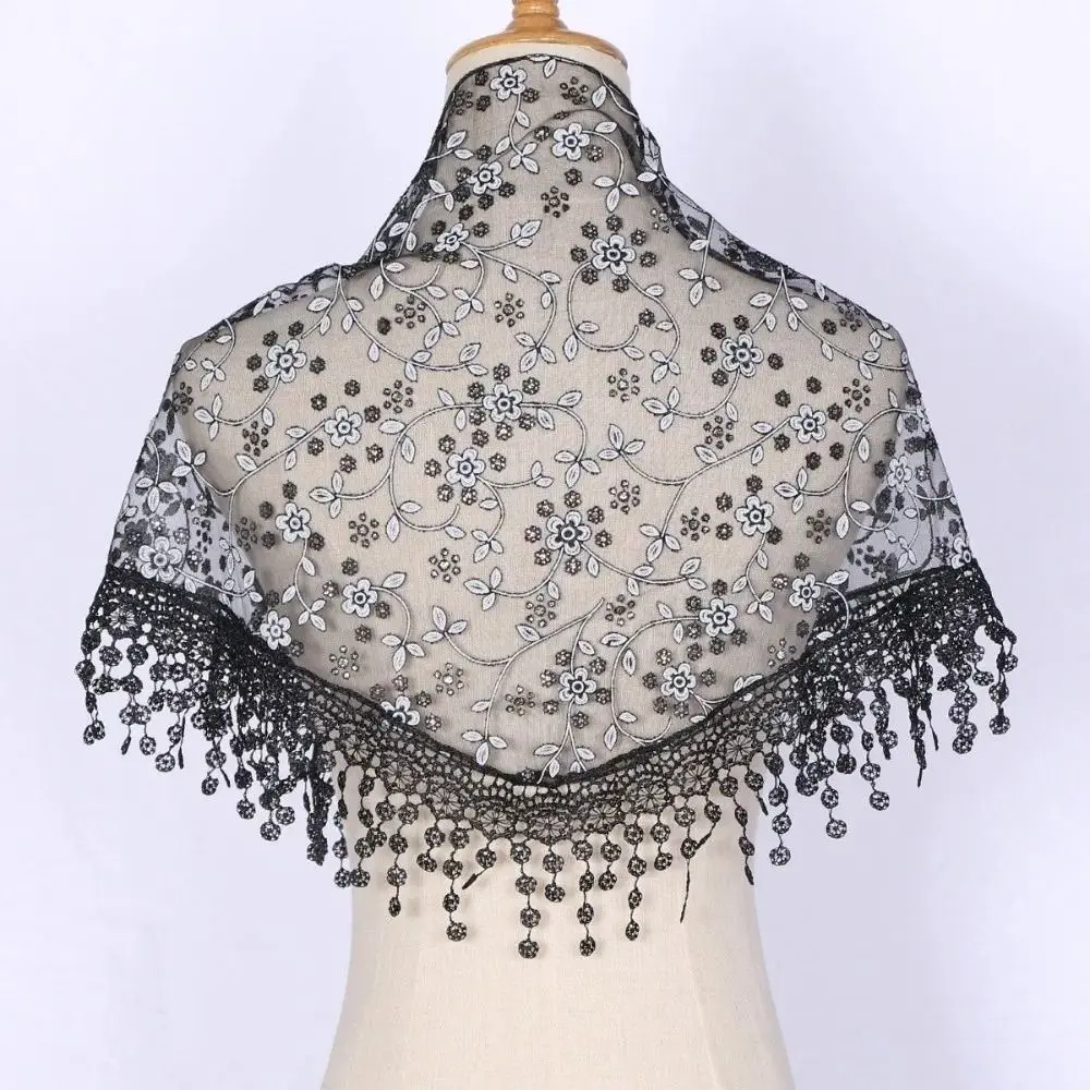 All-match Floral Printed Lace Triangle Scarf Embroidered Ethnic Style Lace Head Scarf Wraps Breathable Lace Shawl Women