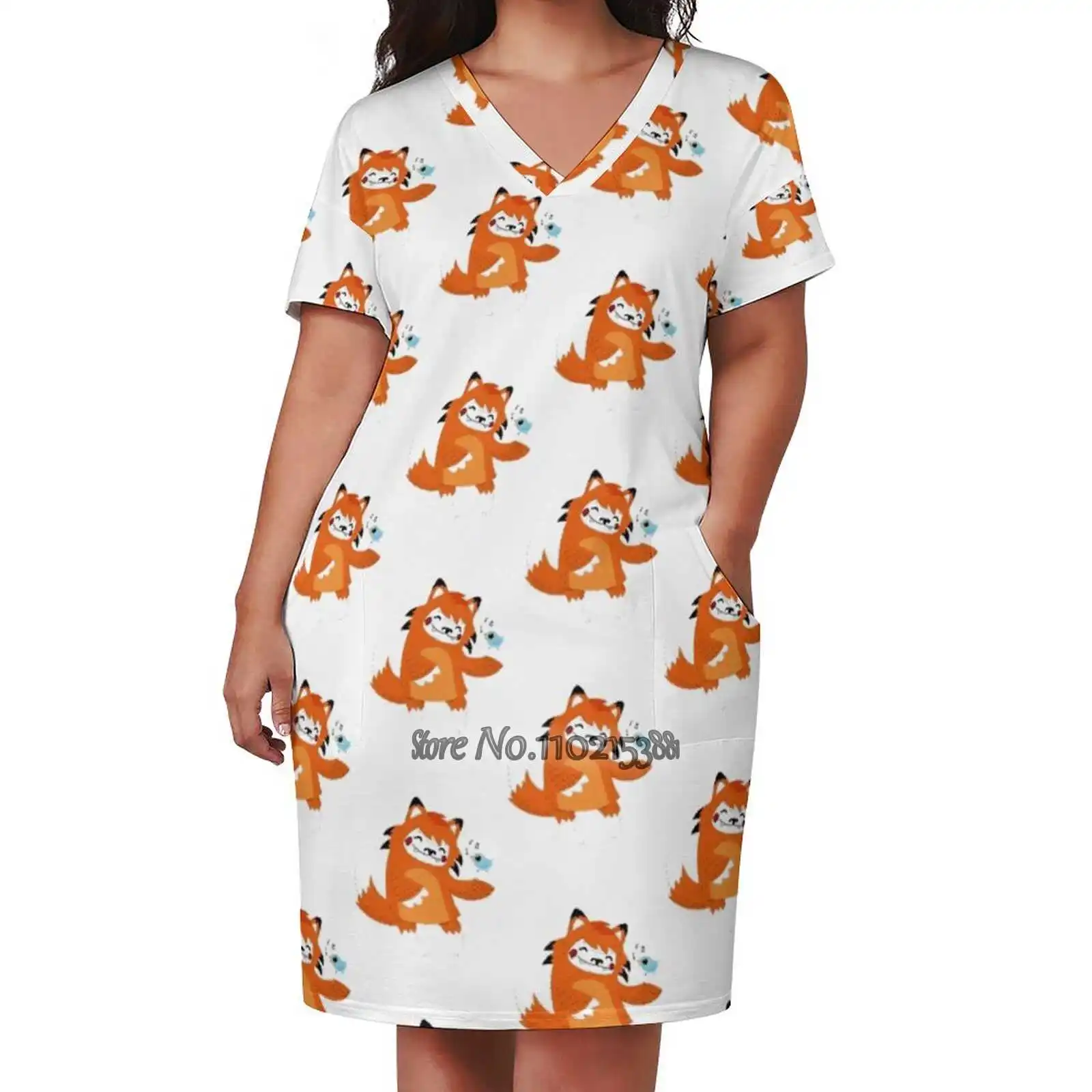 The Fox And The Bird Loose V-Neck Skirt Sexy Short Sleeve Skirt Loose A-Line Dress Light And Breathable Dress Fox Bird Children