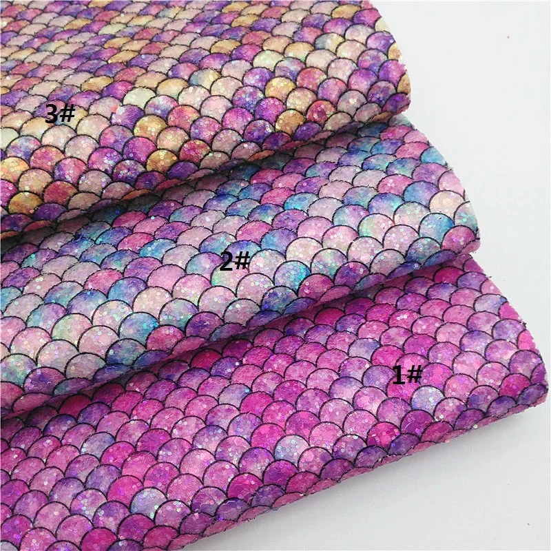 Fish Scales Mermaid Custom Chunky Glitter Leather Sheets Felt Backing Glitter Leather Fabric DIY Craft Sheets Mini Rolls W351