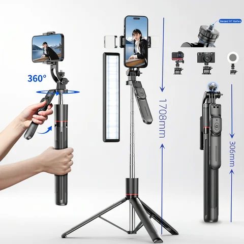 Phone Tripod 360° MEUYAG Selfie Stick Tripod with 1708mm Long Monopod Fill Light, Bluetooth Remote, 360° Rotation, 1/4 Interface, for mobile phone