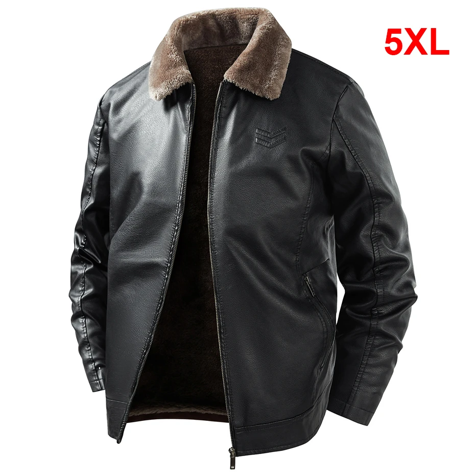 

Autumn Winter Fleece PU Jacket Men Motorcycle Biker Coat Plus Szie 5XL Fashion Casual Turndown Collar Jacket Male PU Coat Black