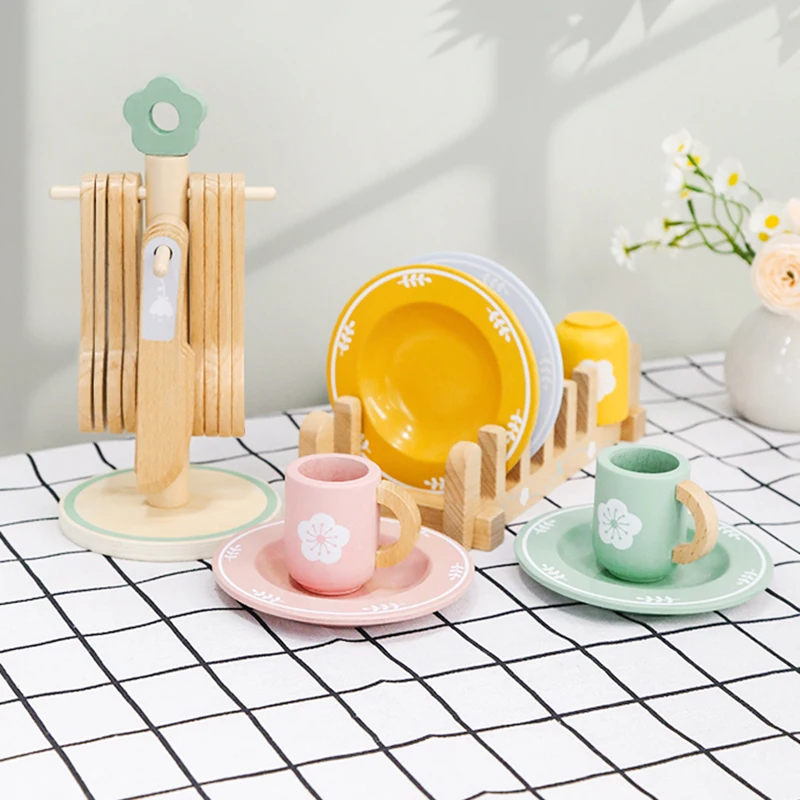[2 opzioni disponibili] Set da cucina in legno per bambini con set di stoviglie e coltelli - Giocattolo da cucina educativo interattivo