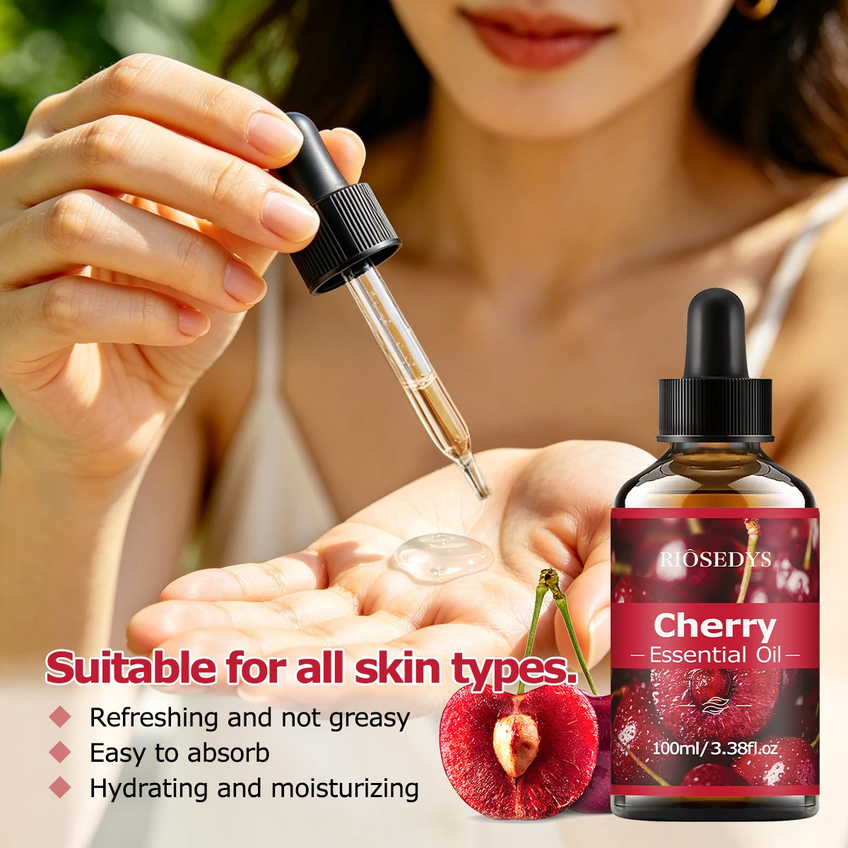 CHERRY ESSENTIAL OIL is a moisturizing and nourishing massage oil suitable for skincare, fragrance, massage, and all skin types.
