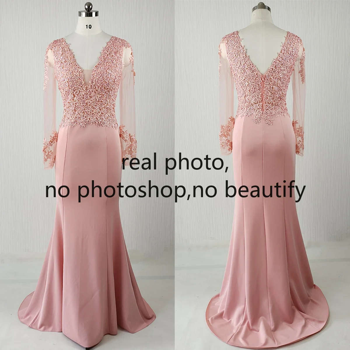 Vestido de noite feminino de mangas completas, apliques rosa, elástico, decote em V, zíper, trompete de sereia, vestidos formais, YE079