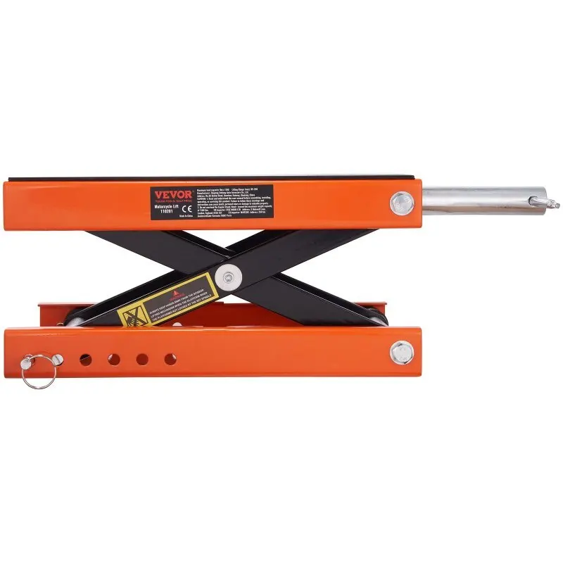 Elevador de motocicleta 1100 lbs, elevador de tesoura para motocicleta, deck largo, pino de segurança, suporte central de manivela para bicicletas de rua, laranja