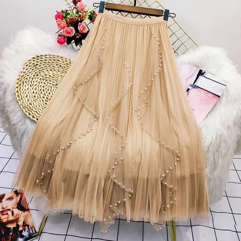 Fashion Beading Tulle Skirts Womens 2023 Summer White Elastic High Waist Mesh Skirts Long Pleated Tutu Skirt Female Jupe Longue