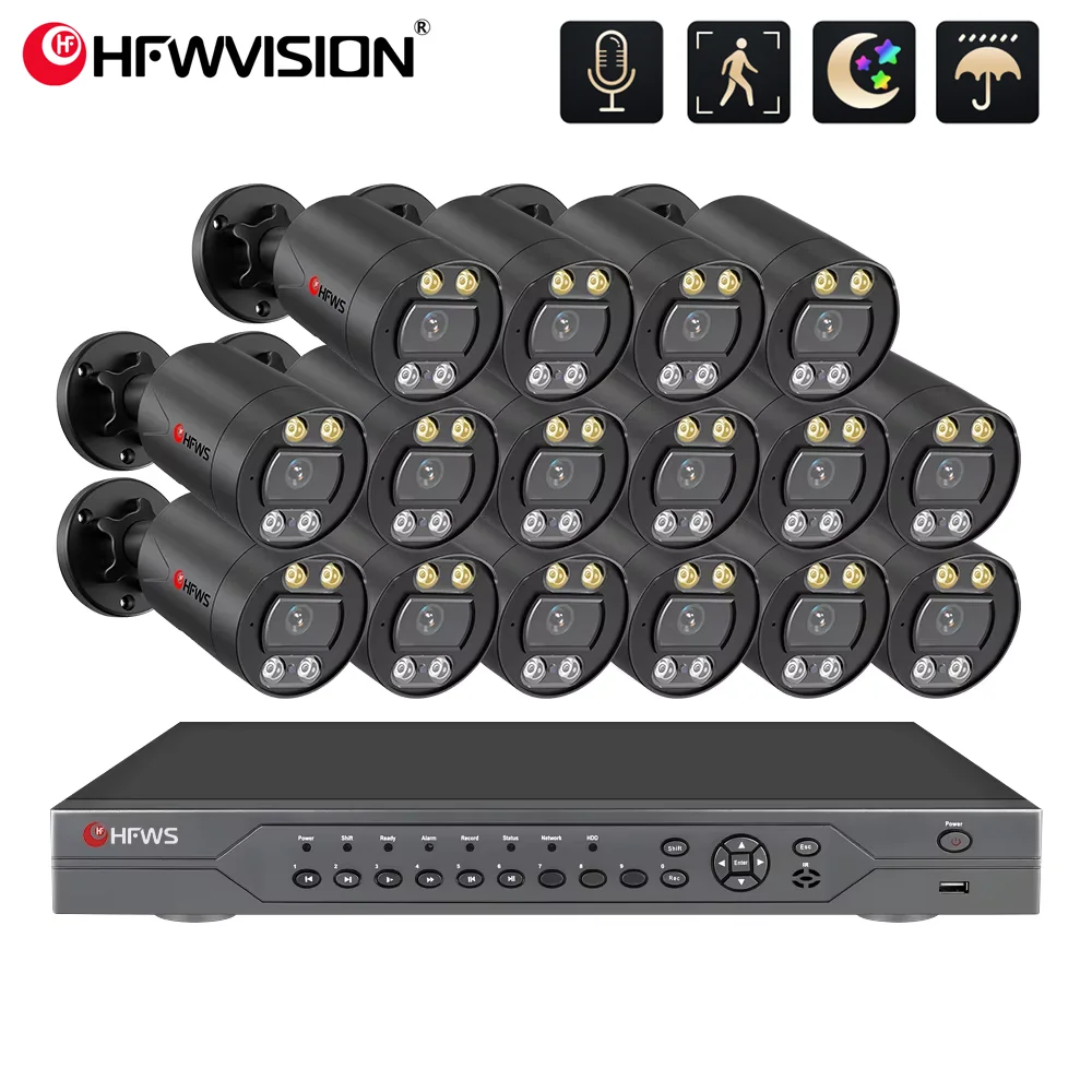 HFWVISION H.265 16CH 8MP POE Camera System Face Human Detect Two-way Audio Outdoor 4K Security Surveillance Set Colorful Night