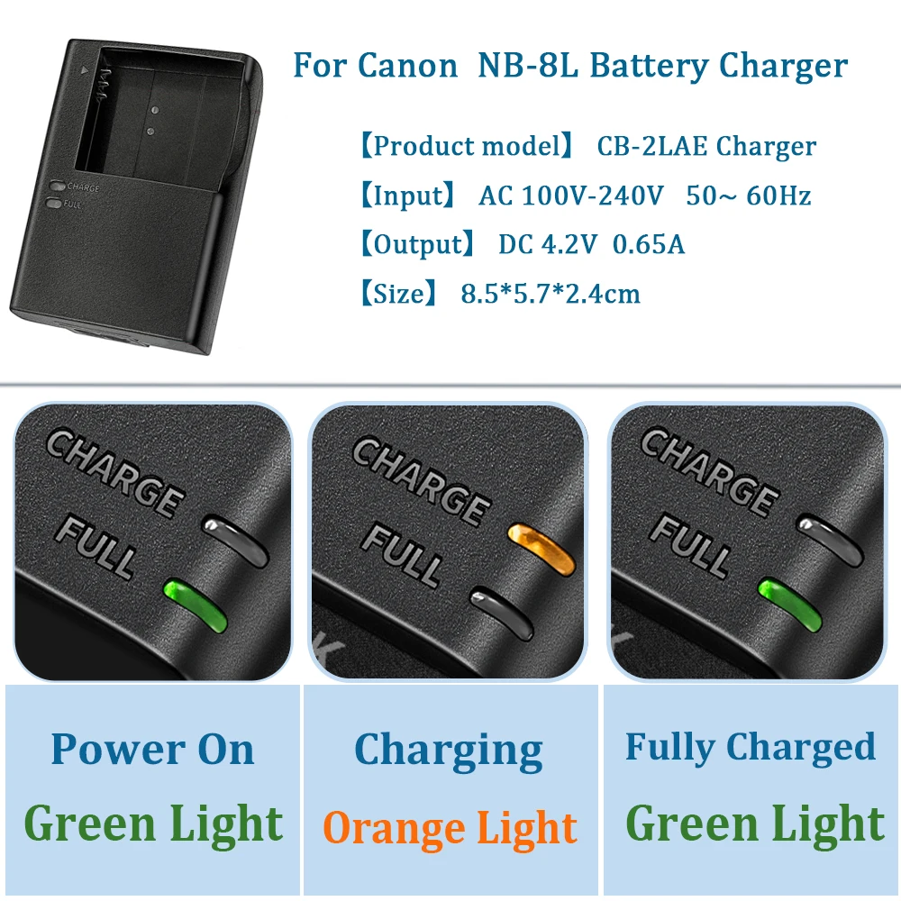 CB-2LAE Batterieladegerät für Canon NB-8L - Kompatibel mit den Kameras PowerShot A3000 IS, A2200, A3100 IS, A3200 IS, A3300 IS – Detail 4