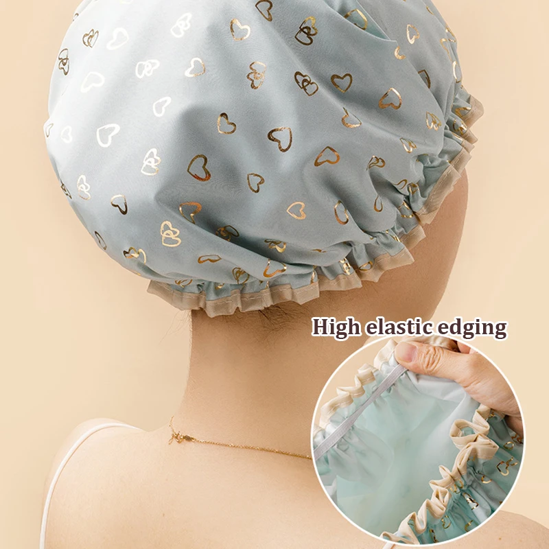 Waterproof Shower Cap Double Layer Elastic Shower Hair Cover Women Supplies For Kitchen Bathroom Shampoo Caps Bathing Hat