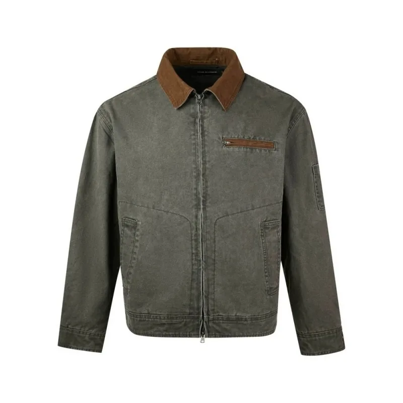 New 2025 Autumn Winter Vintage Casual Outerwear Washed Jacket Men Contrast Suede Collar Utility Workwear Coat for Men