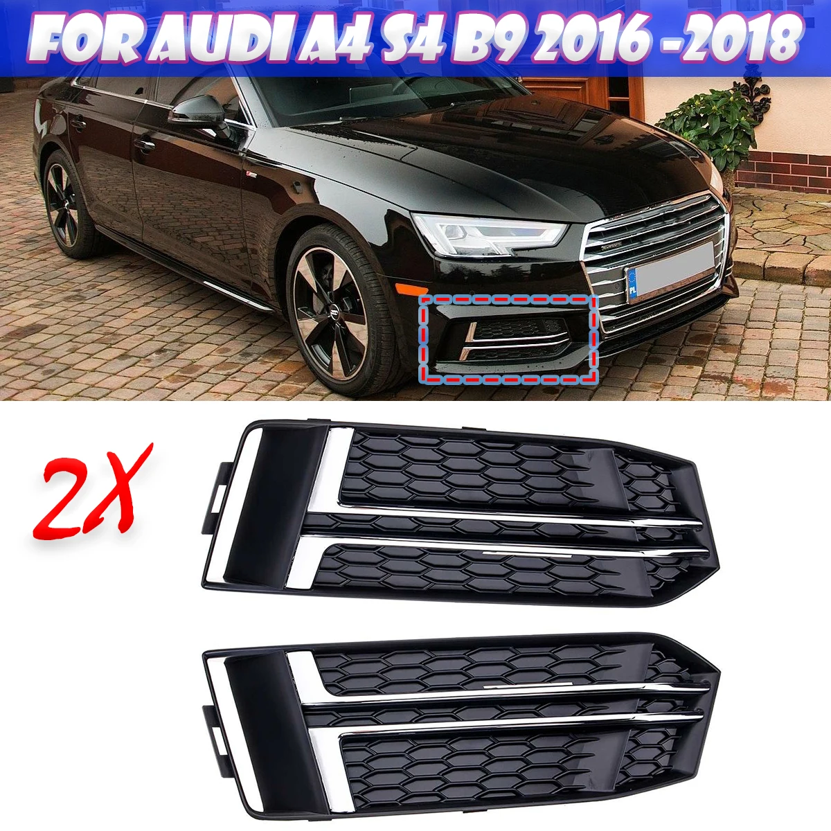 A Pair Front Bumper Fog Light Lamp Cover Electroplating Trim Fog Light Grilles For Audi A4 B9 S-LINE 2016 2017 2018 8W0807681F