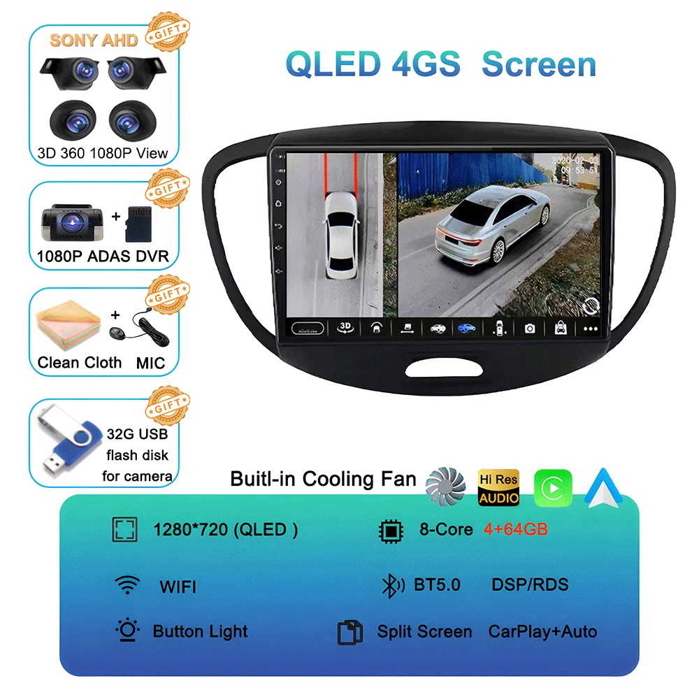 Android 16 Carplay Auto autoradio voor Hyundai I10 2007 - 2013 CarPlay Auto GPS Recorder Multimedia videospeler 4G+WiFi DSP - afbeelding 1