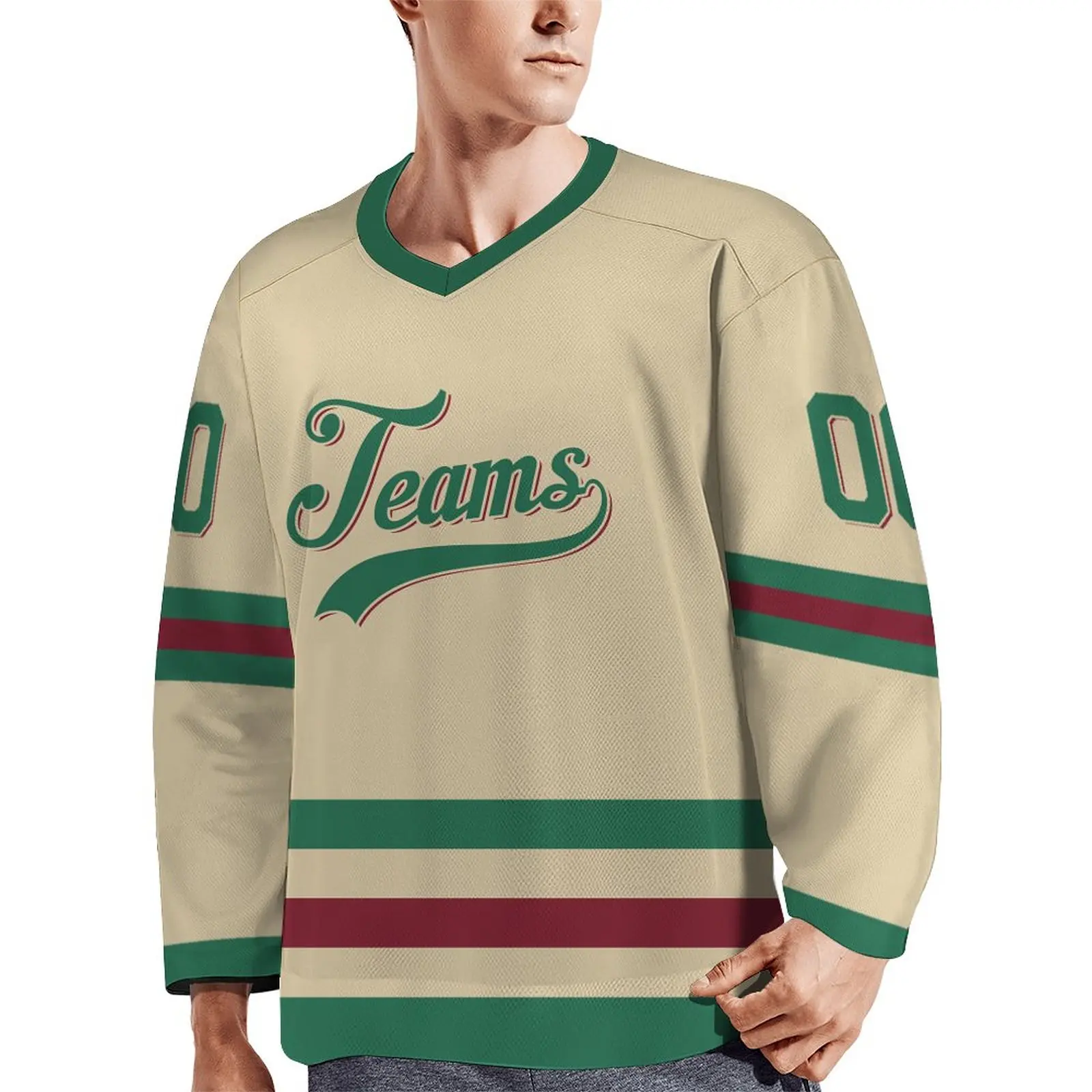 Custom Cream Red-Kelly Green Hockey Jersey for Men Women Youth Kids V-Neck Sportswear Personalized Team Name Number Uniform