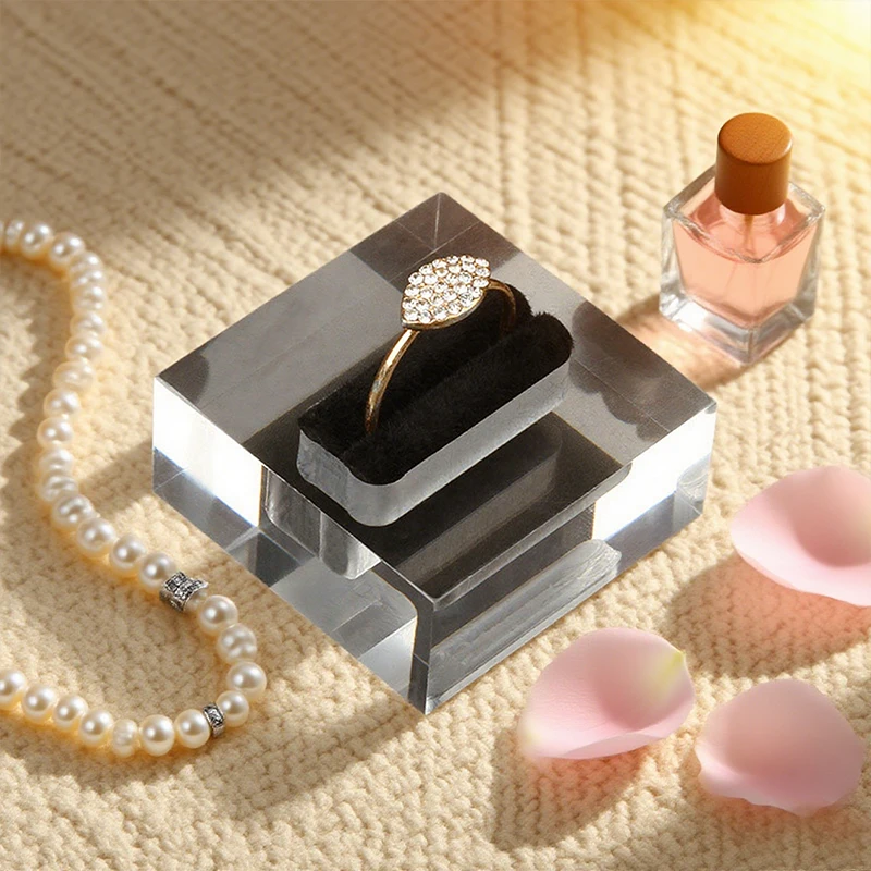 1pcs Matte Clear Acrylic Ring Display Rack with Black Velvet Square Mini Jewelry Storage Organizer Trays Gift Packaging