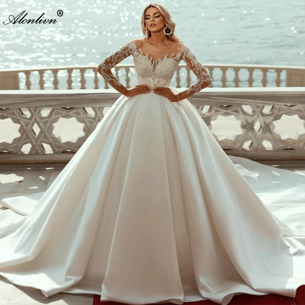 

Alonlivn New Arrival Luxury Satin Illusion Neck Ball Gown Bridal dress With Beading Pearls Appliques Full Sleeves Wedding Gowns