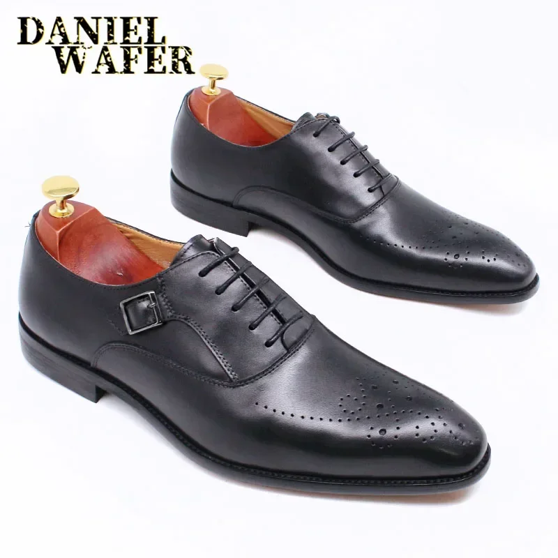 Classic Men\'s Genuine Leather Oxford Shoes Buckle Lace-Up Office Dress Wedding Brogue Pointed Toe Business Formal Shoes