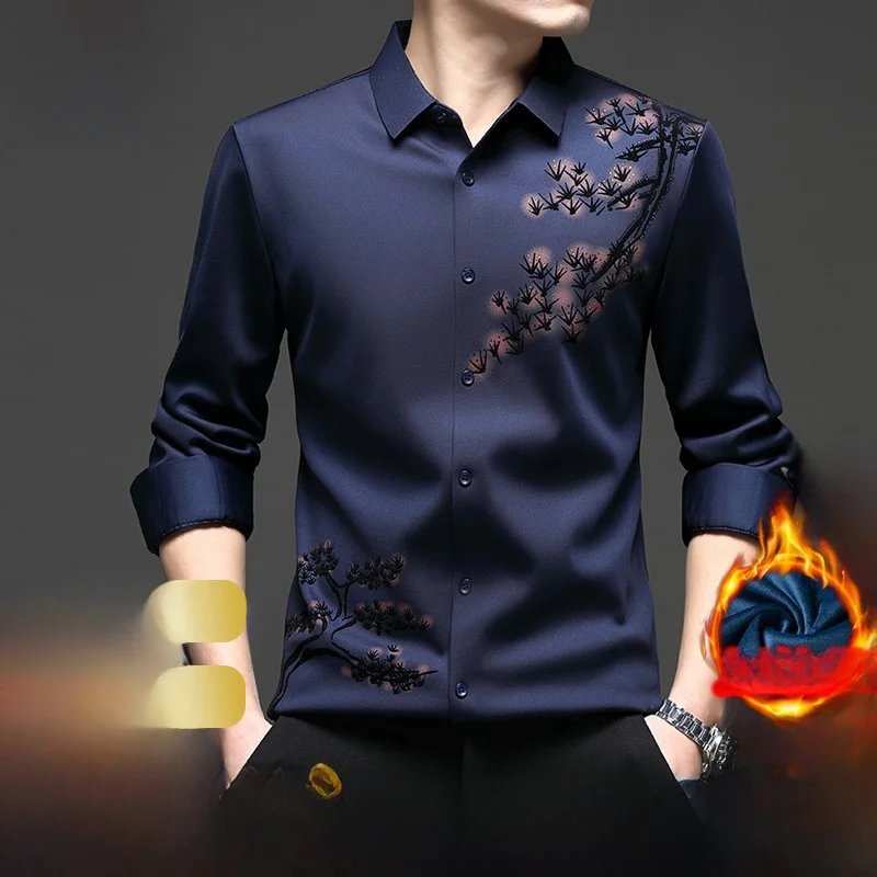 

Мужская теплая рубашка с флисовой подкладкой, повседневная, базовый слой, приталенный крой, из полиэстера, с длинным рукавом, для осени и зимы