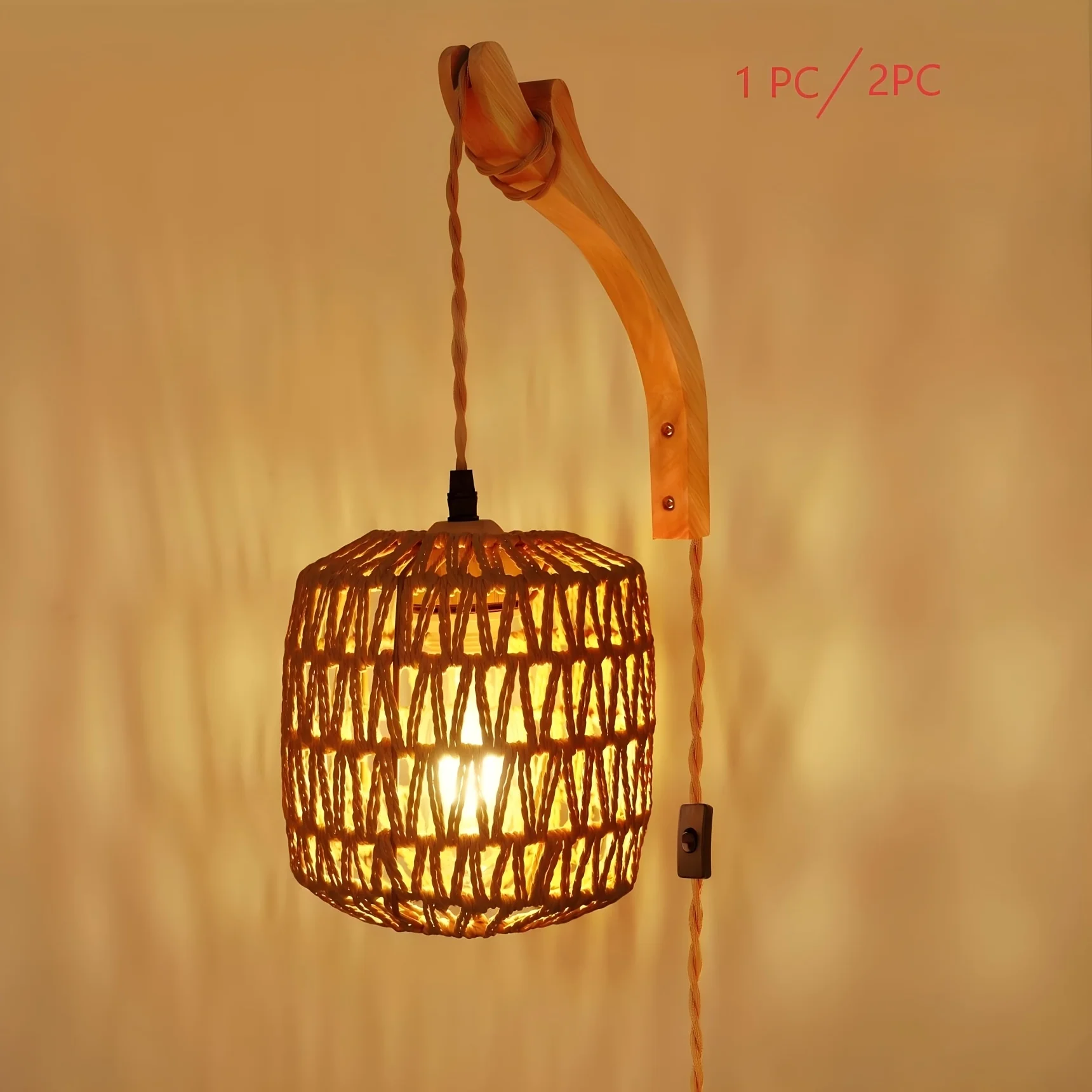 

1pc/2pcs 1 Light Plug in Wall Light Paper Woven Rattan Hanging Lights Boho Hanging Lamp Rustic Farmhouse Wall Sconce for Kitchen Dining Room Bedroom Entryway(Bulb Not Included)
