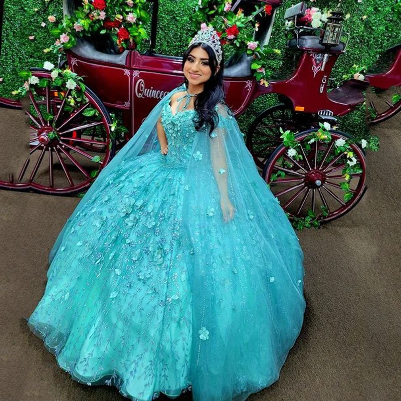 

Sage Green Quinceanera Dresses Sweetheart Appliques Beading Crystal 3D Flower Ball Gown With Cape Sweet 15 Years платье на