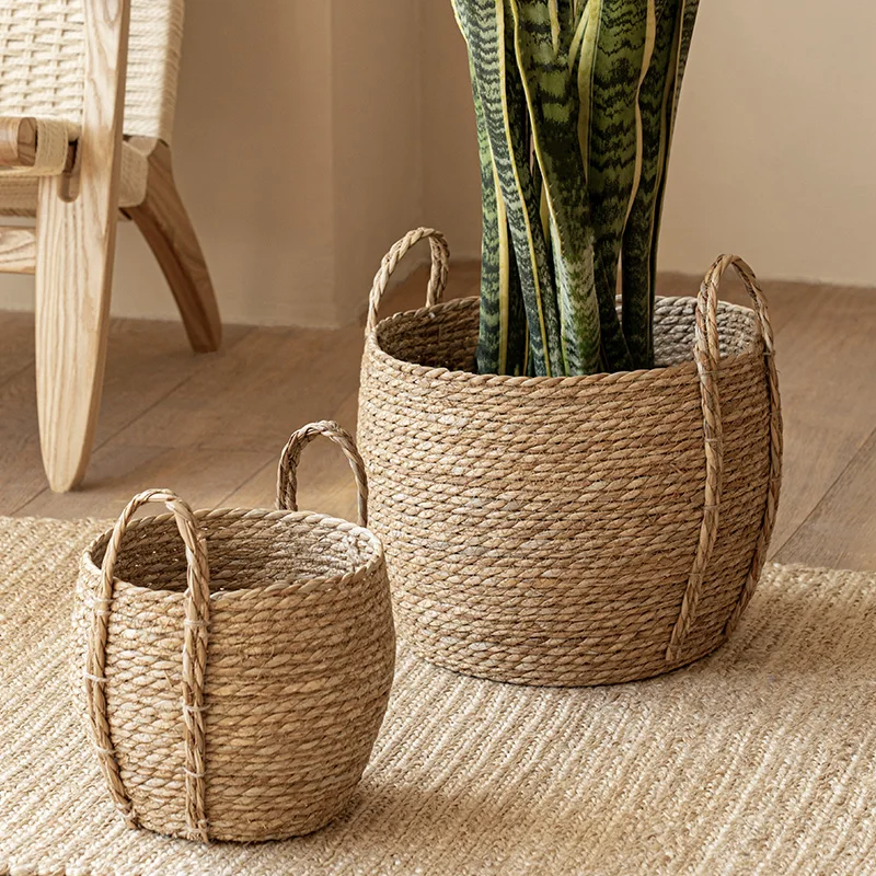 

Idyllic handmade rattan decorative flower pot with handle Large dirty clothes storage basket