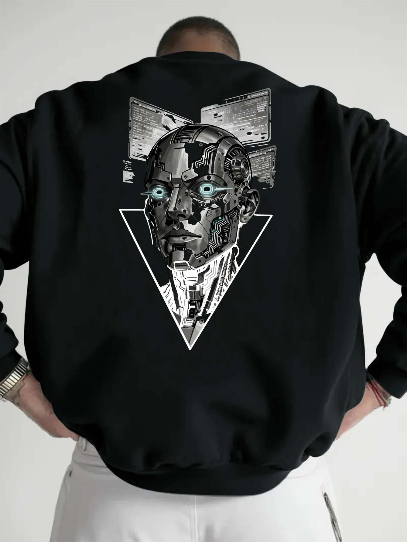 Men Crewneck Sweatshirt Cyberpunk Robot Back Print Pullover Loose Long Sleeve Streetwear Graphic Top Long Sleeve Pullover